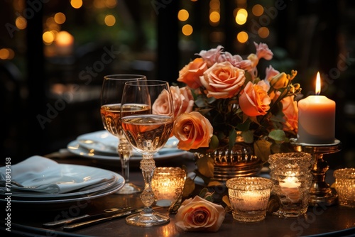 Candle light dinner  romantic scene  elegant dishes and intimacy.  generative IA