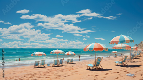 Vibrant Summer Escape: Colorful Beach Umbrellas and Joyful Vacation Scene on Sunny Coastline - Ideal for Travel and Holiday Promotions - AI Generated