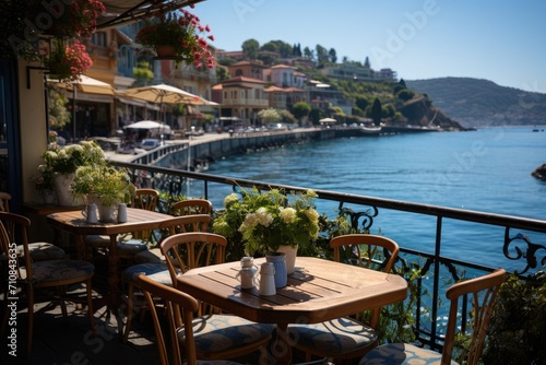 Coffee shop by the sea: people, fresh coffee and breeze., generative IA © JONATAS
