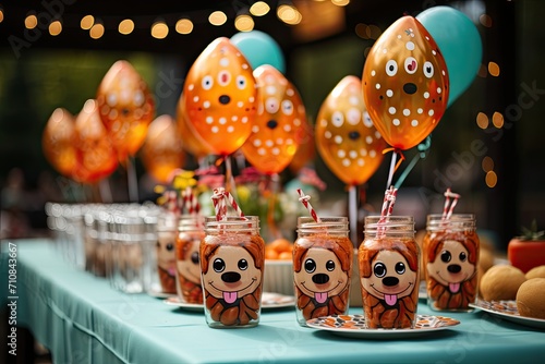 Children s party with perfect mini dogs for small hands surrounded by playful decorations.  generative IA