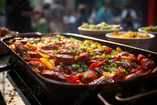 Colorful street party with hot dog strollers and various toppings.  generative IA