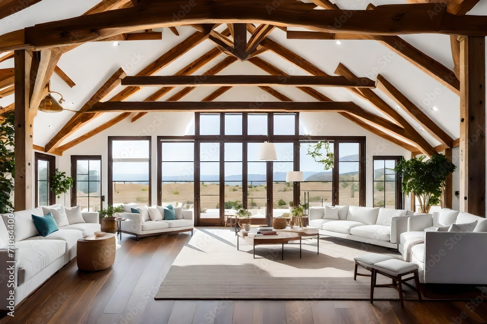 Naklejka premium Beautiful view with mountains from living room with a table , sofa and chairs