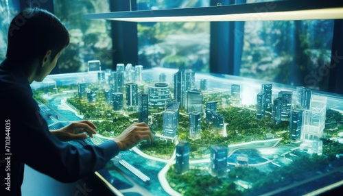 Human touching a advanced technology based on hologram light with greenery city  eco-friendly city on a city background with hologram network icons for energy source research  renewable energy concept