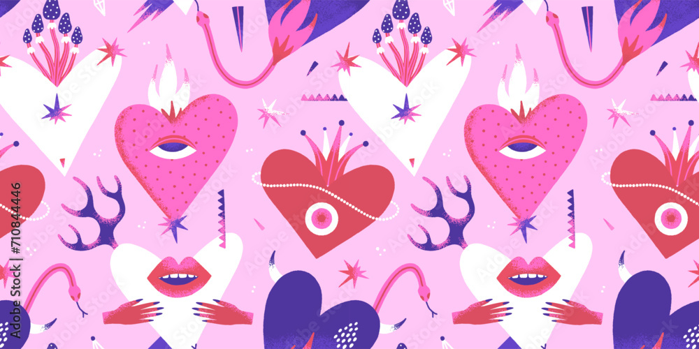 Dangerous hearts. Seamless pattern. Creative Valentines Day design. Contemporary art. Mystical vector illustration in pink and purple colors. Unique style. Wallpaper, wrapping paper, textile, banner Dangerous hearts. Seamless pattern. Creative Valentines Day design. Contemporary art. Mystical vector illustration in pink and purple colors. Unique style. Wallpaper, wrapping paper, textile, banner