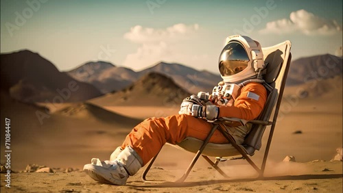 Astronaut Sitting in Chair in Desert photo