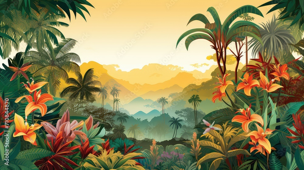 tropical design summer background illustration beach palm, sun sunshine, waves water tropical design summer background