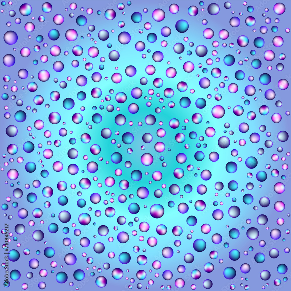 Seamless rainbow pattern of bright soap bubbles, drops, bubbles and balls on a gradient background, vector illustration for any design