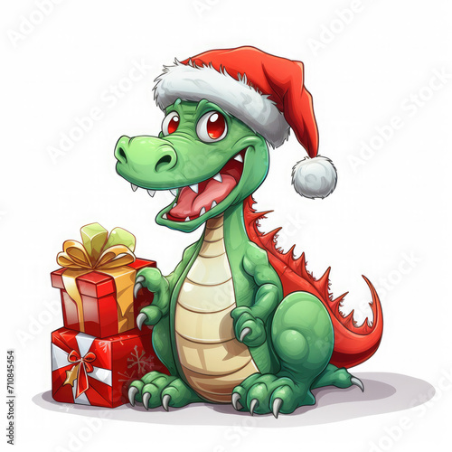 Cute green christmas dragon in santa hat in cartoon style with gift boxs on white background.The dragon is the symbol of 2024. New Year holiday card. Happy New Year 