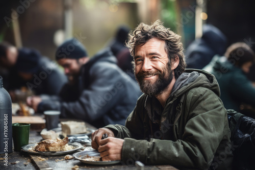 Happy homeless man, bum, beggar eats a canteen against the background of people. Help the homeless, charity, volunteering