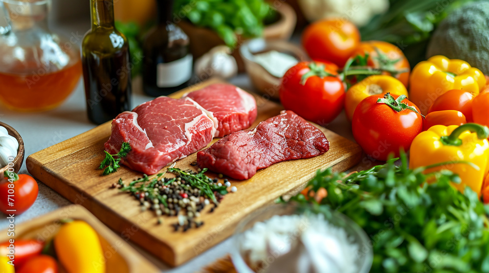 Ingredients for a diet menu in a light kitchen. Meat and fresh vegetables. Proper separate nutrition for weight loss. Counting calories. View from above