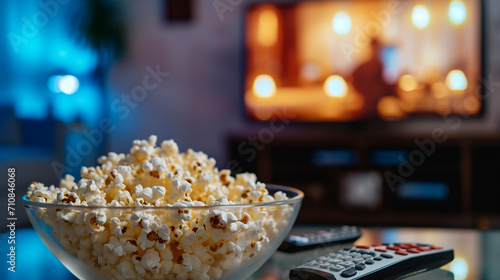Popcorn in a glass bowl and remote control in front of the TV in a home interior. Watching TV shows and series, cable TV background