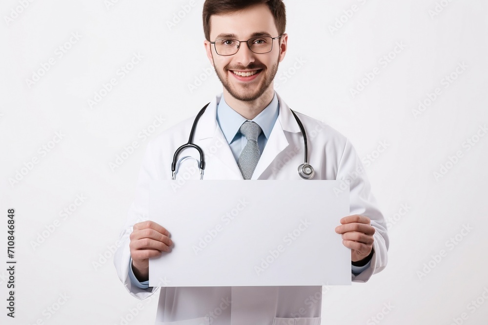 Smiling Doctor Displaying a Blank Paper in a Bright Clinical Setting Smiling Doctor Displaying a Blank Paper in a Bright Clinical Setting