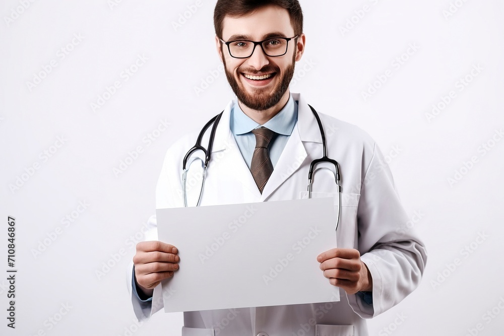 Smiling Doctor Displaying a Blank Paper in a Bright Clinical Setting Smiling Doctor Displaying a Blank Paper in a Bright Clinical Setting