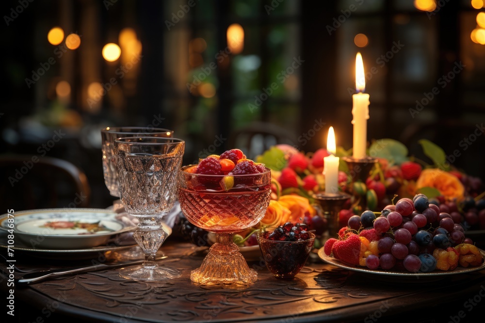 Elegant dinner, refined table, highlight for gourmet dessert., generative IA Elegant dinner, refined table, highlight for gourmet dessert., generative IA
