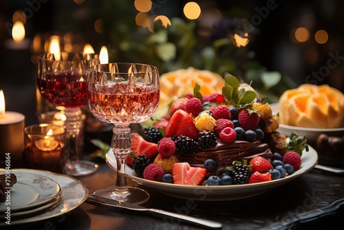Elegant dinner, refined table, highlight for gourmet dessert., generative IA