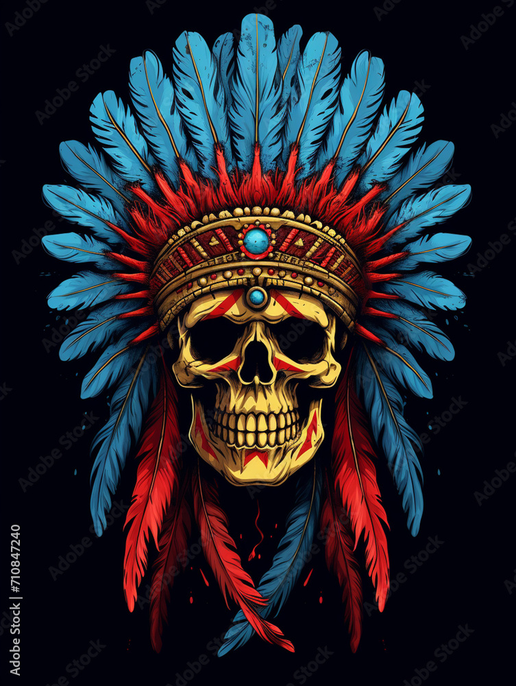t-shirt design, a skull wearing an indian chieftain headdress, in the style of vibrant illustrations created with Generative Ai t-shirt design, a skull wearing an indian chieftain headdress, in the style of vibrant illustrations created with Generative Ai