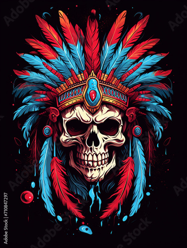t-shirt design  a skull wearing an indian chieftain headdress  in the style of vibrant illustrations created with Generative Ai