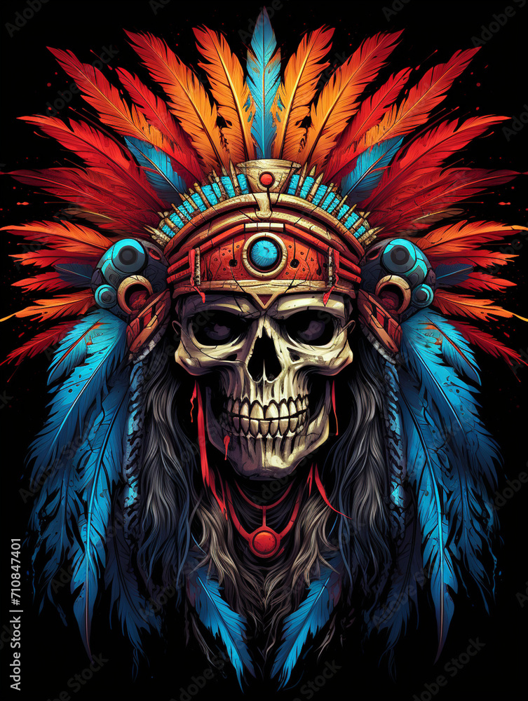 t-shirt design, a skull wearing an indian chieftain headdress, in the style of vibrant illustrations created with Generative Ai