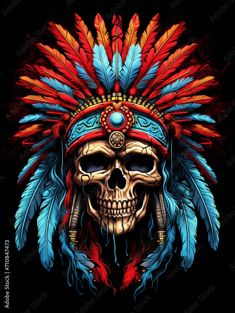 t-shirt design, a skull wearing an indian chieftain headdress, in the style of vibrant illustrations created with Generative Ai