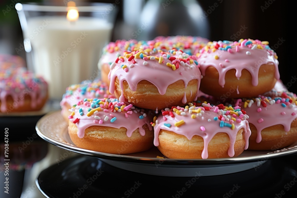 Table full of colorful donuts in thematic party., generative IA