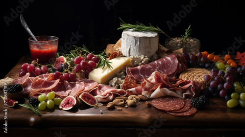 wooden boards, cold meat, various cheeses, fruit, bread, dip. A mix of different snacks snacks photo