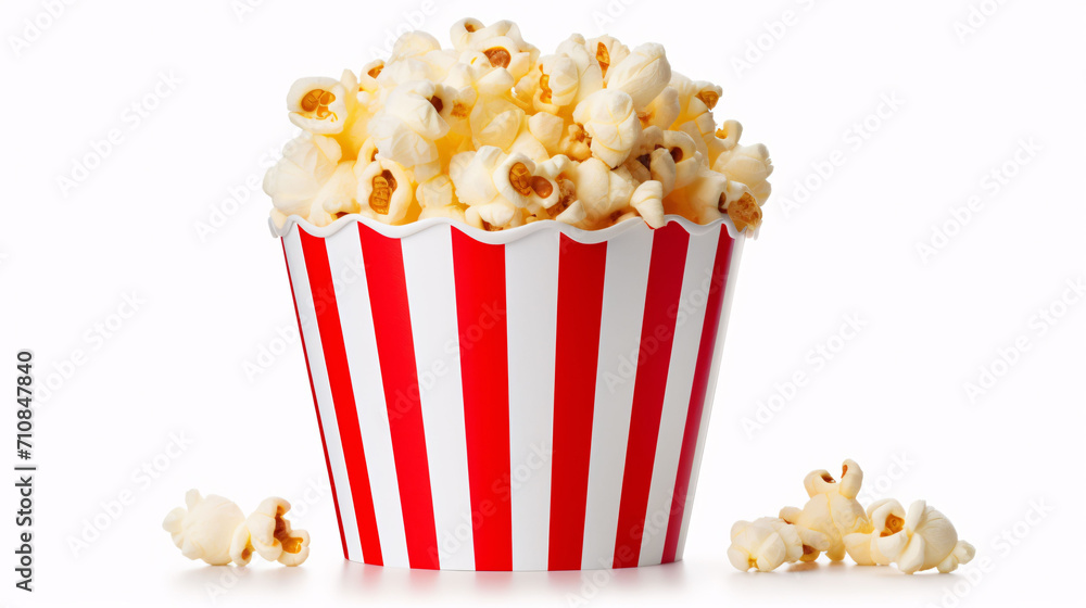 Tasty popcorn in striped bucket, isolated on white background Tasty popcorn in striped bucket, isolated on white background