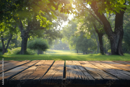 Empty Table with Blurry Green Park Background