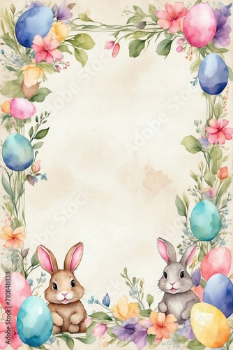 easter card with easter eggs and bunny, watercolor flowes, floral delightful designs for invitations, cards, greetings, and congratulations