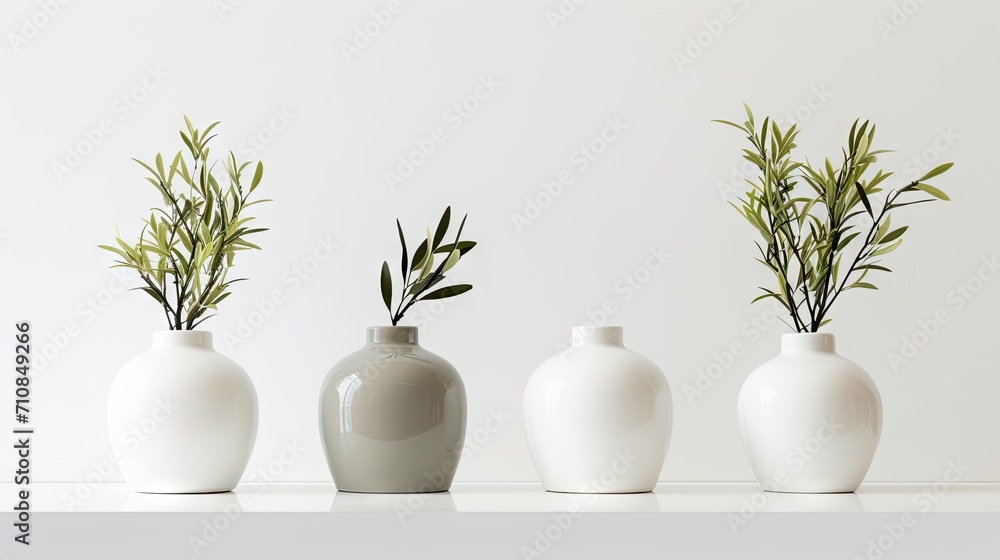 three small vases with olive branches against a white background, highlighting the modern minimalist style and interior decor. three small vases with olive branches against a white background, highlighting the modern minimalist style and interior decor.