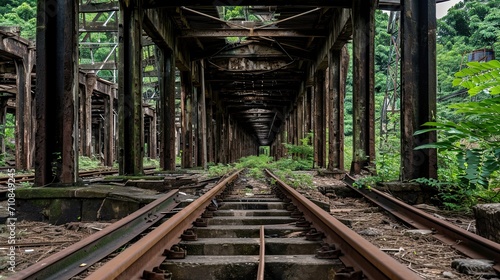 A hauntingly beautiful abandoned railway station engulfed in overgrown greenery, a testament to the passage of time