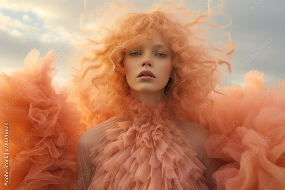 A model woman exhibiting , with hair and attire in the Peach Fuzz color A model woman exhibiting , with hair and attire in the Peach Fuzz color