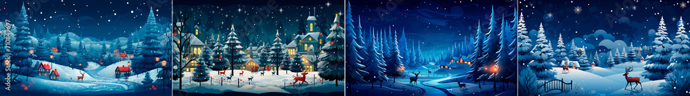 Create a magical Christmas village with reindeer and pine trees. Use a dark blue color scheme to create a cozy atmosphere. Add lights, snow and stars for extra charm.