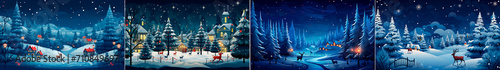 Create a magical Christmas village with reindeer and pine trees. Use a dark blue color scheme to create a cozy atmosphere. Add lights, snow and stars for extra charm. © Sasha