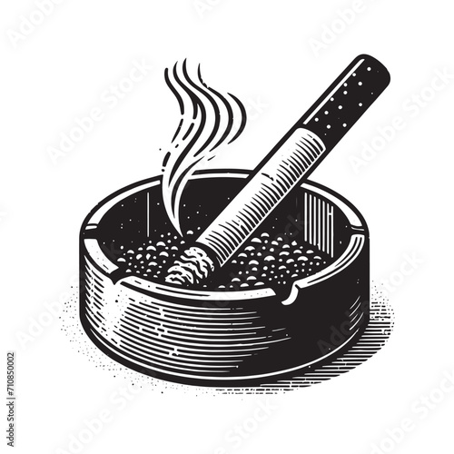 A smoking cigarette in an ashtray. Vintage black engraving illustration. Monochrome vector icon. Isolated and cut out
