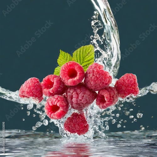 Berry Waterfall: Ripe Juicy Raspberries Falling into Sparkling Water