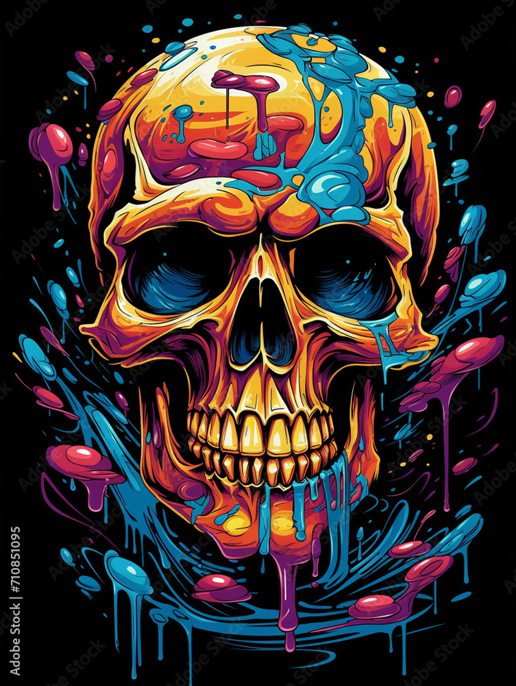 T-shirt design, this skull has a colorful background on which paint puddles, in the style of graphic design poster art created with Generative Ai T-shirt design, this skull has a colorful background on which paint puddles, in the style of graphic design poster art created with Generative Ai