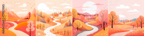 Illustration of an autumn landscape with delicate lines and textures. Designed for a children's storybook with cute and soft colors. Flat design style with soft orange and pink shades. © Sasha