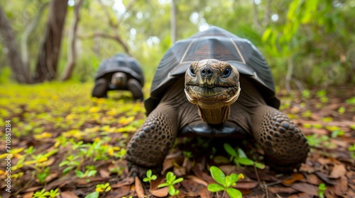 A happy tortoise walking towards camera as another trails behind him. 