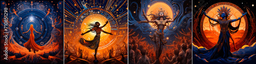 The illustrations show people celebrating ceremonies. The art style is dark blue and orange. Energetic illustrations with dance elements. Hand-painted elements add a unique touch to the artwork.