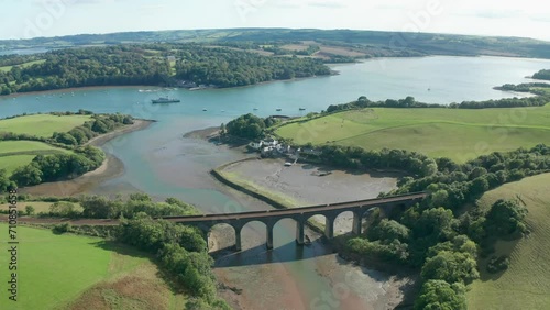 Aerial view of an old bridge crossing the Tamar river in Saltash, Plymouth, Devon, England, United Kingdom photo