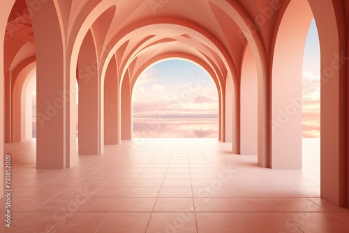 Corridor made with terracotta columns on a beige floor against a background of desert and cloudy sky