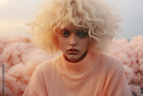 A woman confidently rocking Peach Fuzz color hair and clothes