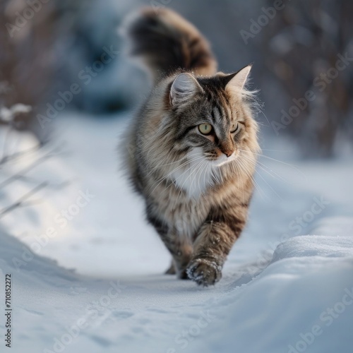 Cat walking on the snow in winter.    
