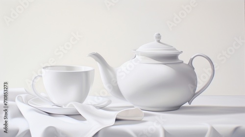 the beauty of a teapot and cup is magnified on a clean white canvas, their elegant shapes and subtle details captured with striking clarity.