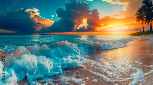 Tropical beach panorama view with foam waves before storm, seascape with Palm trees, sea or ocean water under sunset sky with dark blue clouds. Background summer