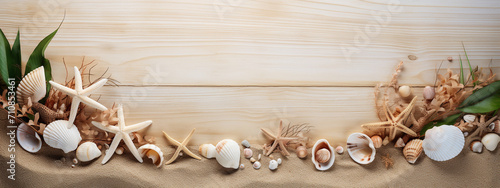 concept with sea shells and starfish on red background with space for text photo