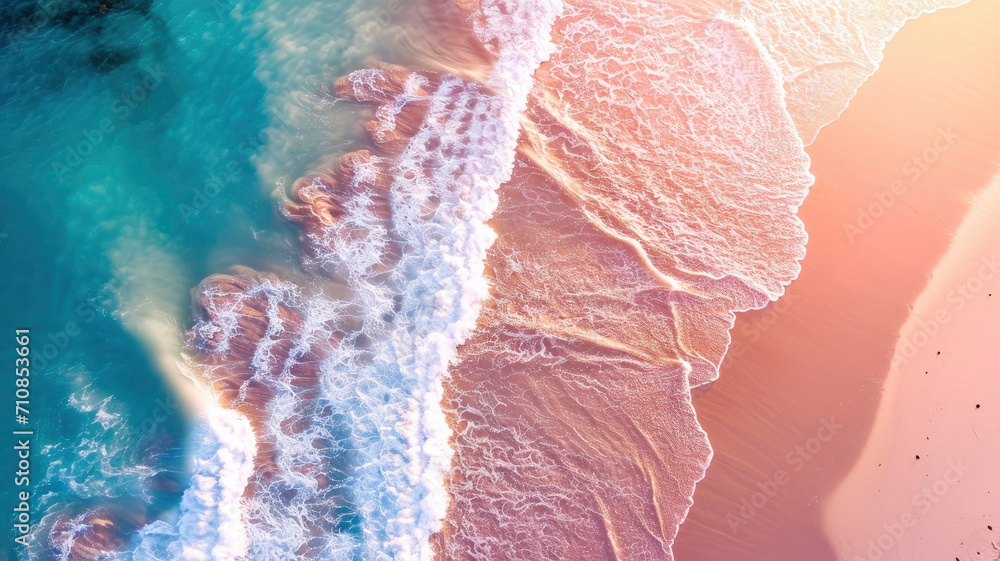 Stunning top view from a drone beautiful pink beach waves of sea water