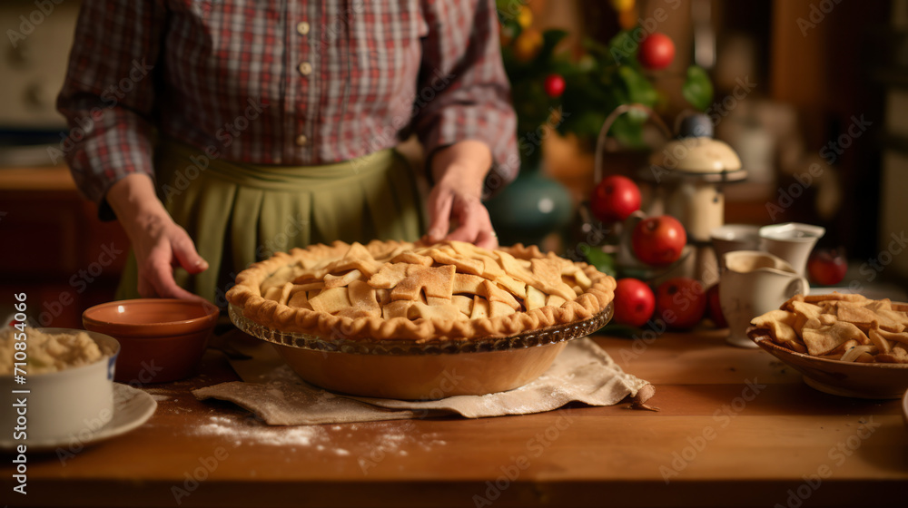 Homemade Apple Pie Delight: Freshly Baked Autumn Dessert on Rustic Table - Gourmet Pastry Banner