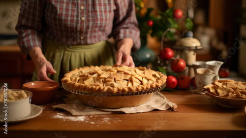 Homemade Apple Pie Delight: Freshly Baked Autumn Dessert on Rustic Table - Gourmet Pastry Banner