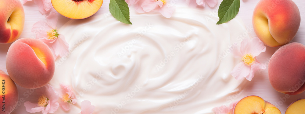 peach yogurt, fresh peaches on a blue wooden background peach yogurt, fresh peaches on a blue wooden background